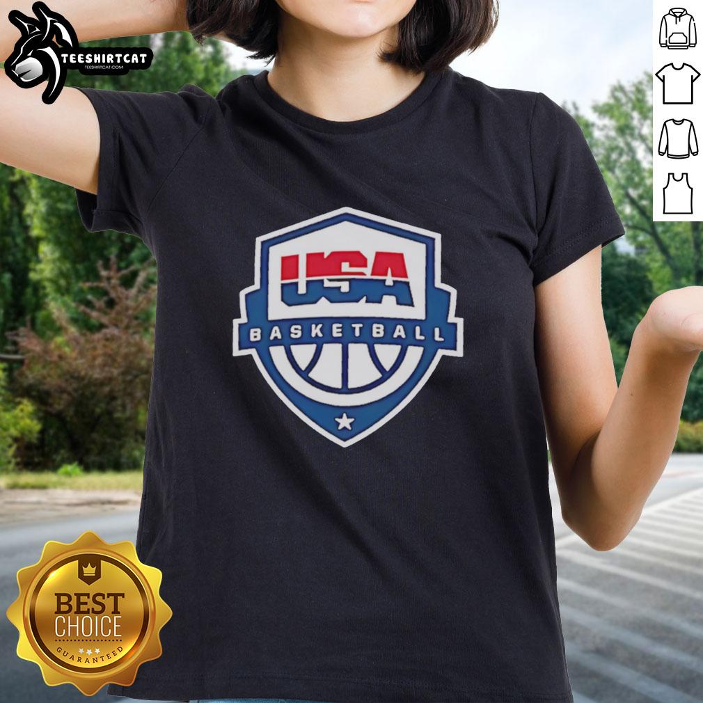 Premium USA Basketball Shield Logo Ladies Tee featuring a stylish design for female basketball fans.