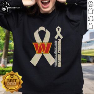Premium Washington Commanders sweatshirt featuring 'Proudly Served' with Honor, Courage, Commitment design.