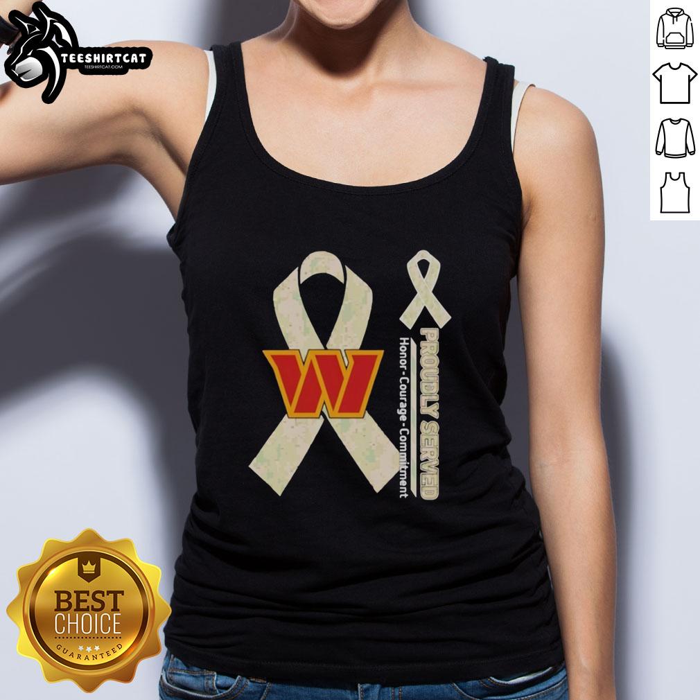 Premium Washington Commanders tank top showcasing 'Proudly Served Honor Courage Commitment' design for fans.
