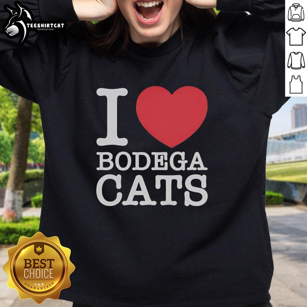 Cozy 'I Love Bodega Cats' sweatshirt featuring a playful cat graphic, perfect for feline enthusiasts and casual wear.