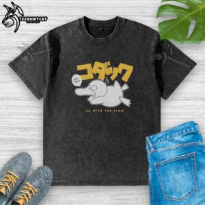 Alt Text: Top Psyduck Go With The Flow Japanese Anime washed t-shirt featuring a playful Psyduck design on a casual style.