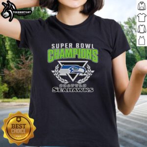 Top Seattle Seahawks Super Bowl XLVIII Champions logo on a women's tee, celebrating their iconic victory in style.