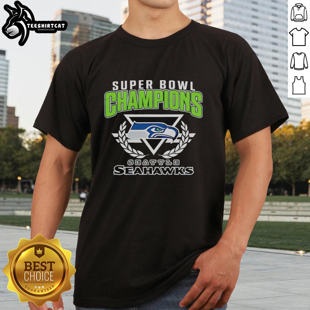 Top Seattle Seahawks Super Bowl XLVIII Champions logo center t-shirt featuring vibrant team colors and iconic design.
