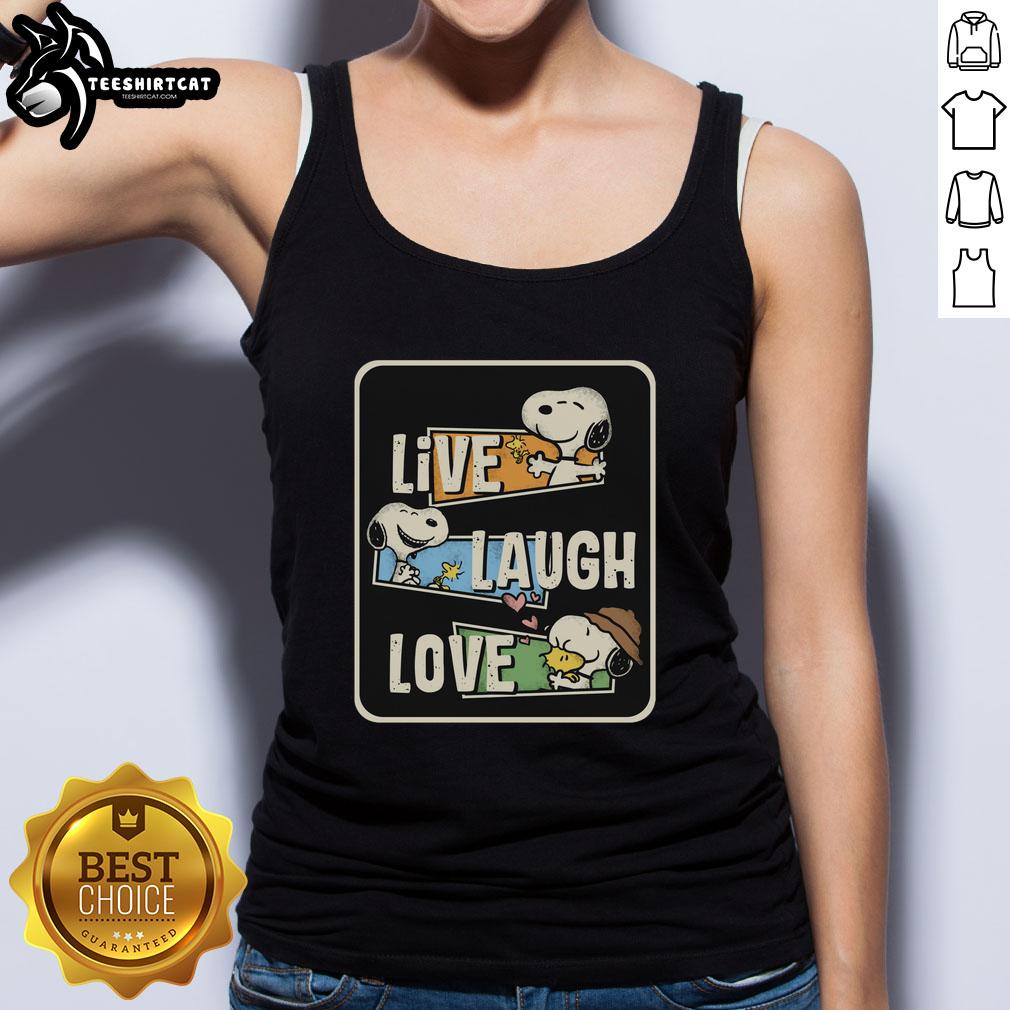 Top Snoopy Loves To Live And Laugh Tank Top featuring a playful Snoopy graphic perfect for casual summer wear.