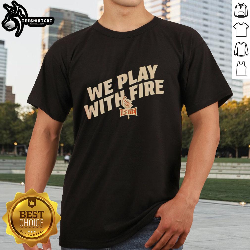 Alt Text: Top We Play With Fire Indy Ignite Logo T-Shirt featuring vibrant design and bold colors, perfect for fans and casual wear.
