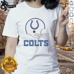 Alt Text: Hot Indianapolis Colts football logo on a big helmet design featured on a stylish ladies tee shirt.