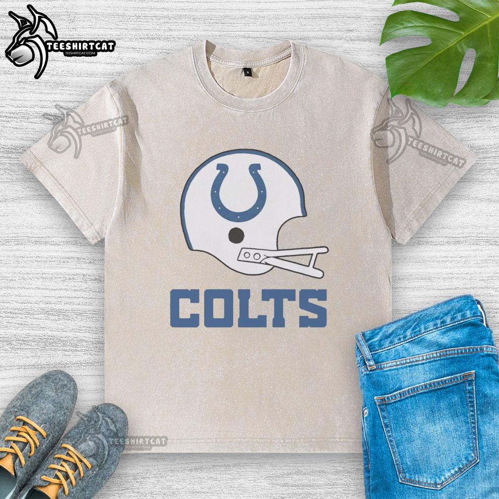 Alt Text: Hot Indianapolis Colts football logo on a big helmet graphic featured on a trendy washed t-shirt design.