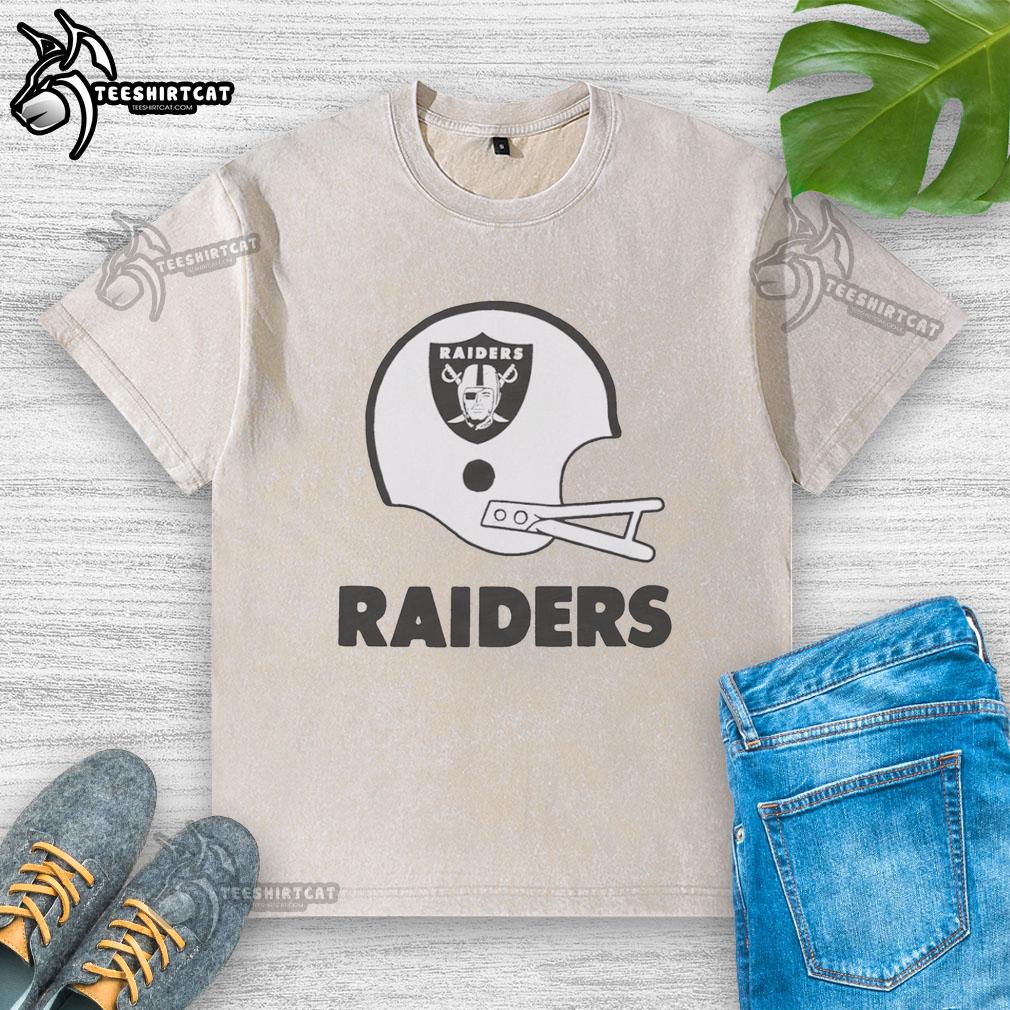 Alt Text: Hot Las Vegas Raiders football logo on a big helmet design featured on a washed t-shirt for fans.
