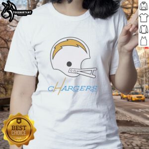 Hot Los Angeles Chargers football logo on a big helmet featured on a stylish ladies tee shirt.