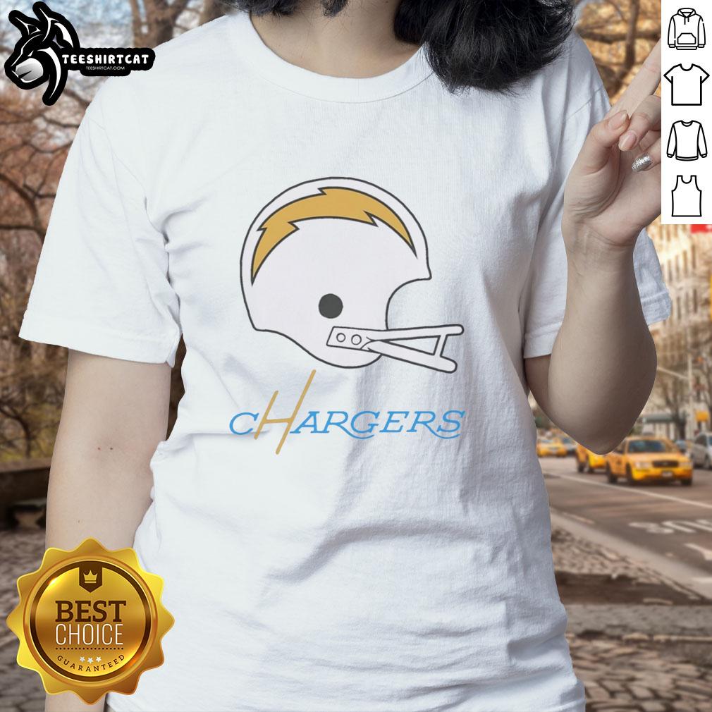 Hot Los Angeles Chargers football logo on a big helmet featured on a stylish ladies tee shirt.