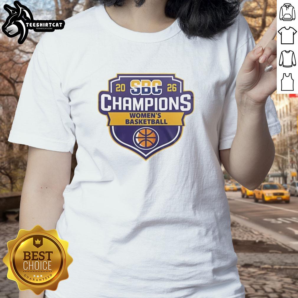 Alt Text: 2026 Hot Sun Belt Conference NCAA Women's Basketball Champions logo on a stylish ladies tee shirt