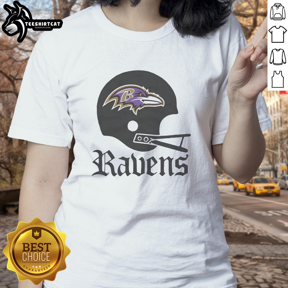 Stylish Baltimore Ravens football logo on a big helmet design for ladies' tee, perfect for fans and game day attire.