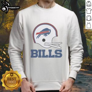 Alt Text: Buffalo Bills football logo displayed prominently on a stylish sweatshirt featuring a big helmet design.