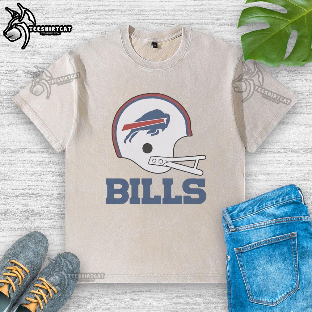 Alt Text: Nice Buffalo Bills football logo displayed on a big helmet washed t-shirt, perfect for fans and casual wear.