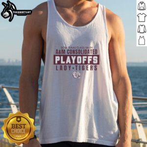 Alt Text: Lady Tigers in Nice, Texas Class 5A D1 AM Consolidated Playoffs wearing 2026 tank tops, showcasing team spirit.