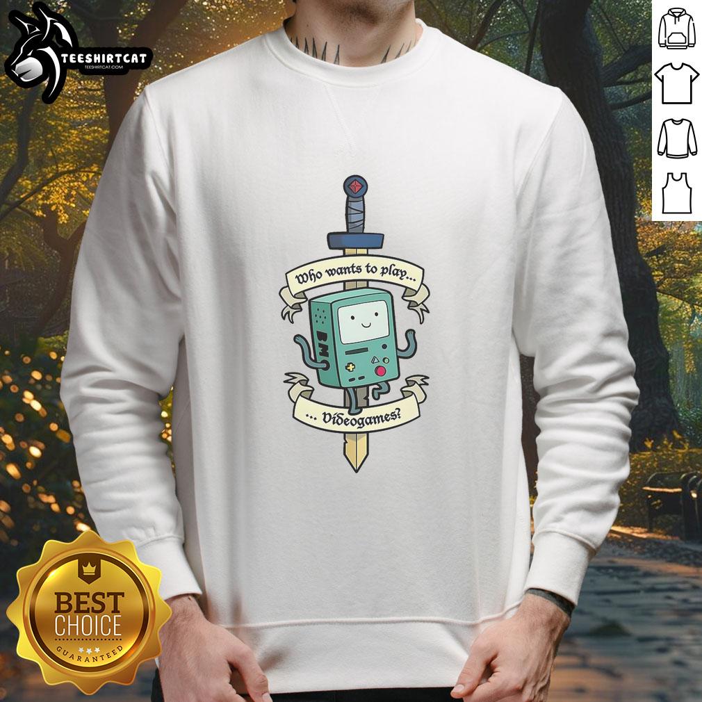 Adventure Time BMO sweatshirt for gamers, featuring a fun design perfect for cozy gaming sessions. Who wants to play video games?