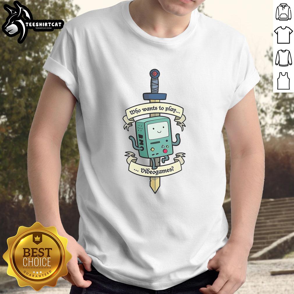 Adventure Time BMO T-shirt featuring 'Who Wants To Play Videogames' design, perfect for fans and gamers.