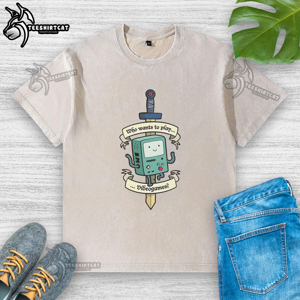Nice Who Wants To Play Videogames Adventure Time BMO washed t-shirt featuring colorful graphics of BMO from Adventure Time.