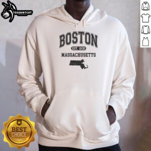 Alt Text: Official Boston Massachusetts Est. 1630 varsity hoodie featuring a classic design and vibrant colors for stylish comfort.