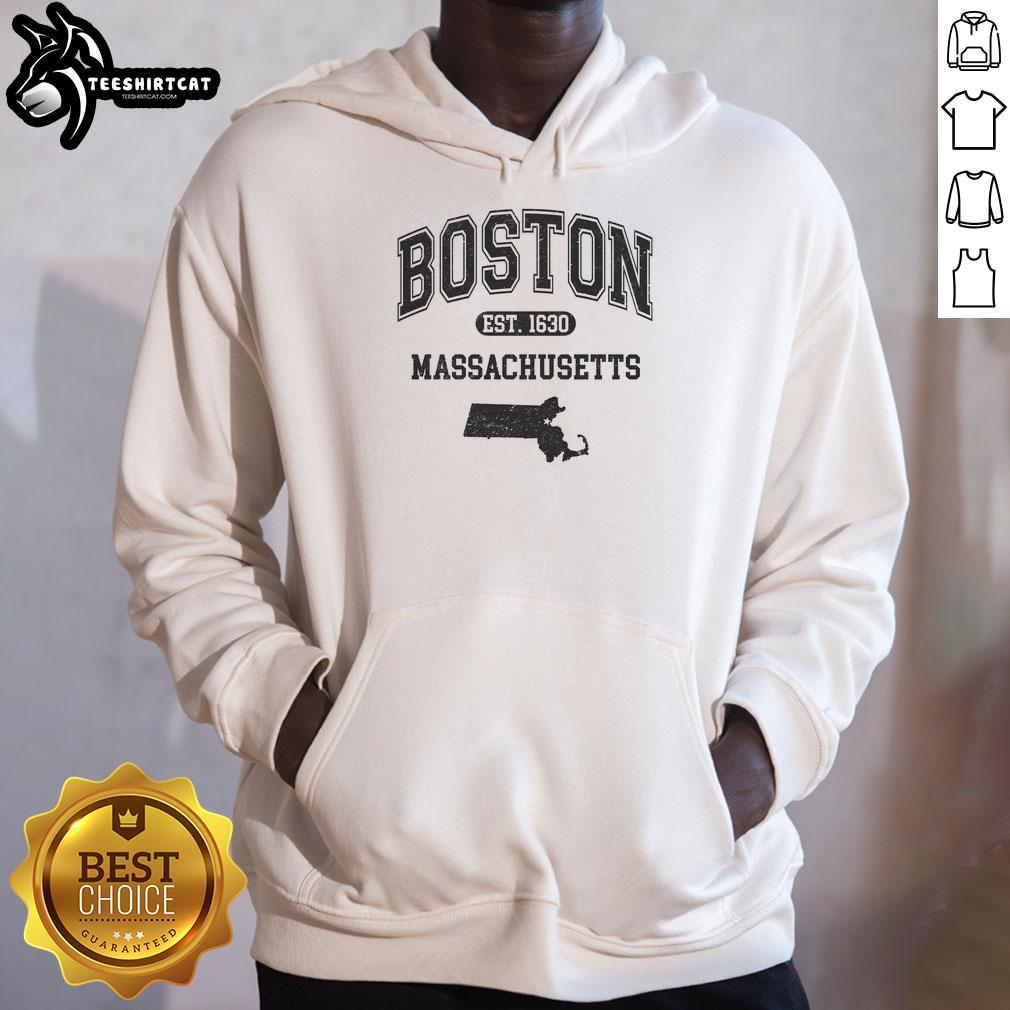 Alt Text: Official Boston Massachusetts Est. 1630 varsity hoodie featuring a classic design and vibrant colors for stylish comfort.