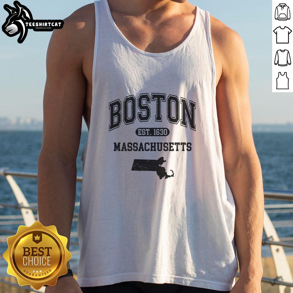 Official Boston Massachusetts Est. 1630 varsity tank top featuring a stylish design, perfect for fans and casual wear.