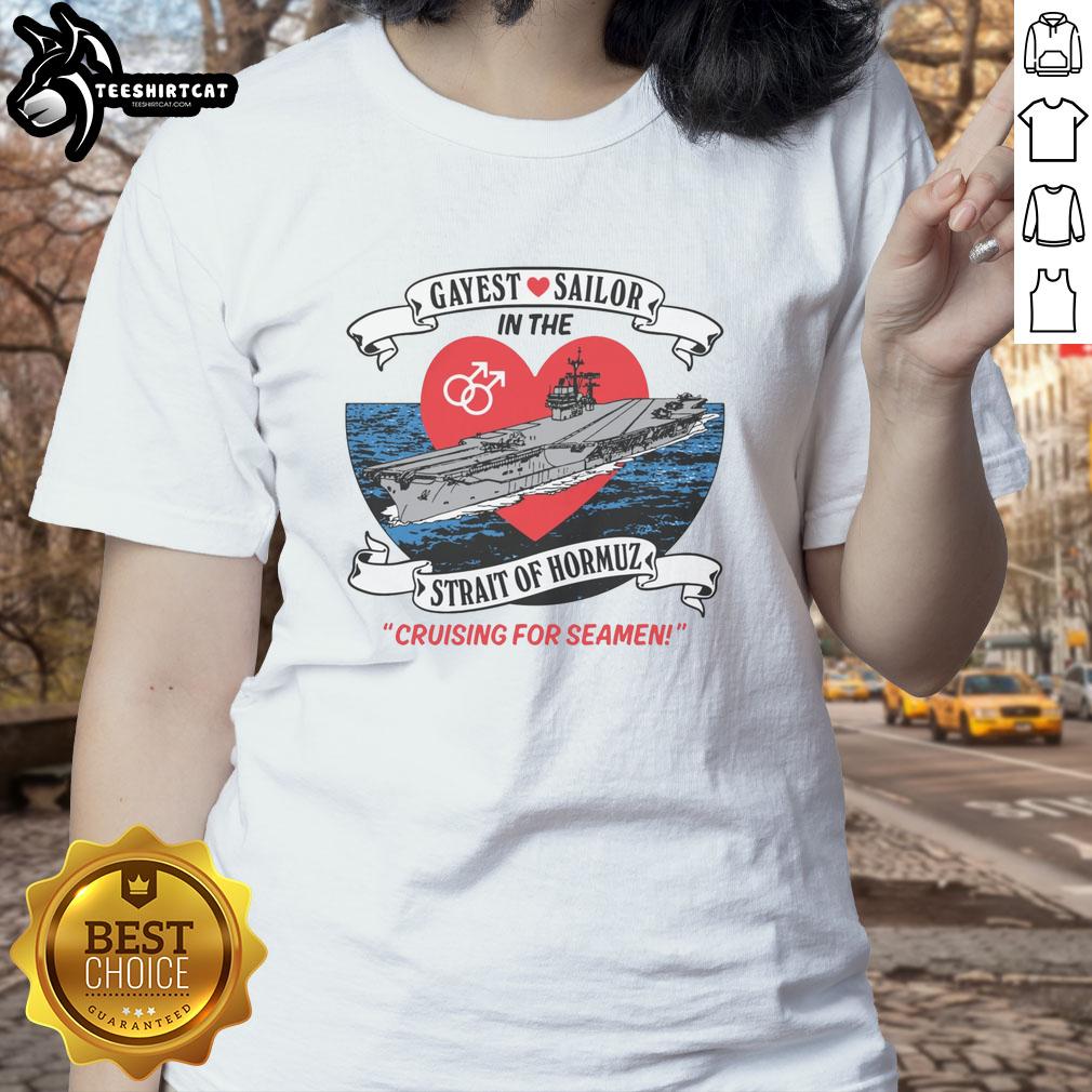 Official Gayest Sailor in the Strait of Hormuz Ladies Tee featuring vibrant colors and a playful design, perfect for pride.