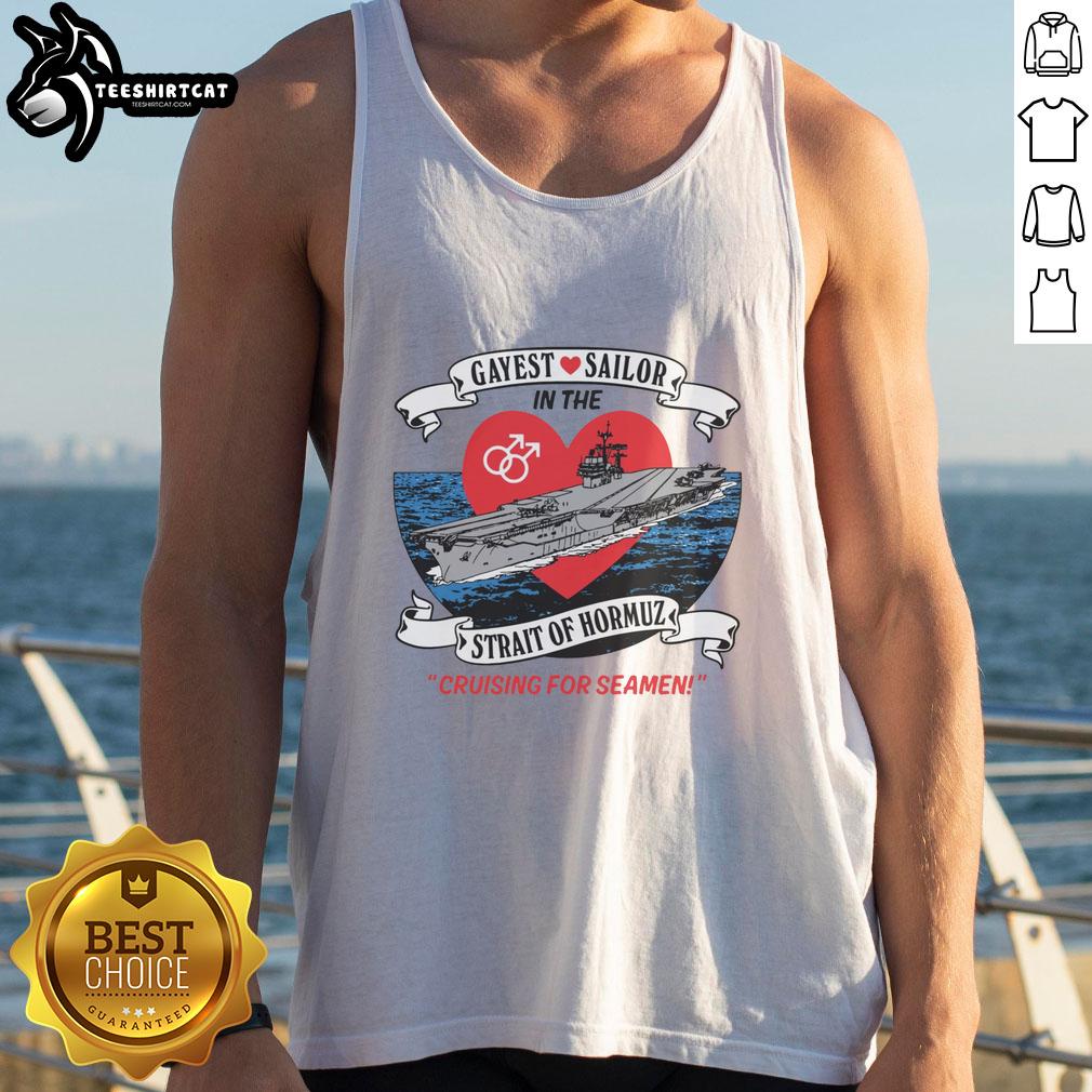 Official Gayest Sailor in the Strait of Hormuz Tank Top showcasing vibrant colors and playful design for LGBTQ+ pride.