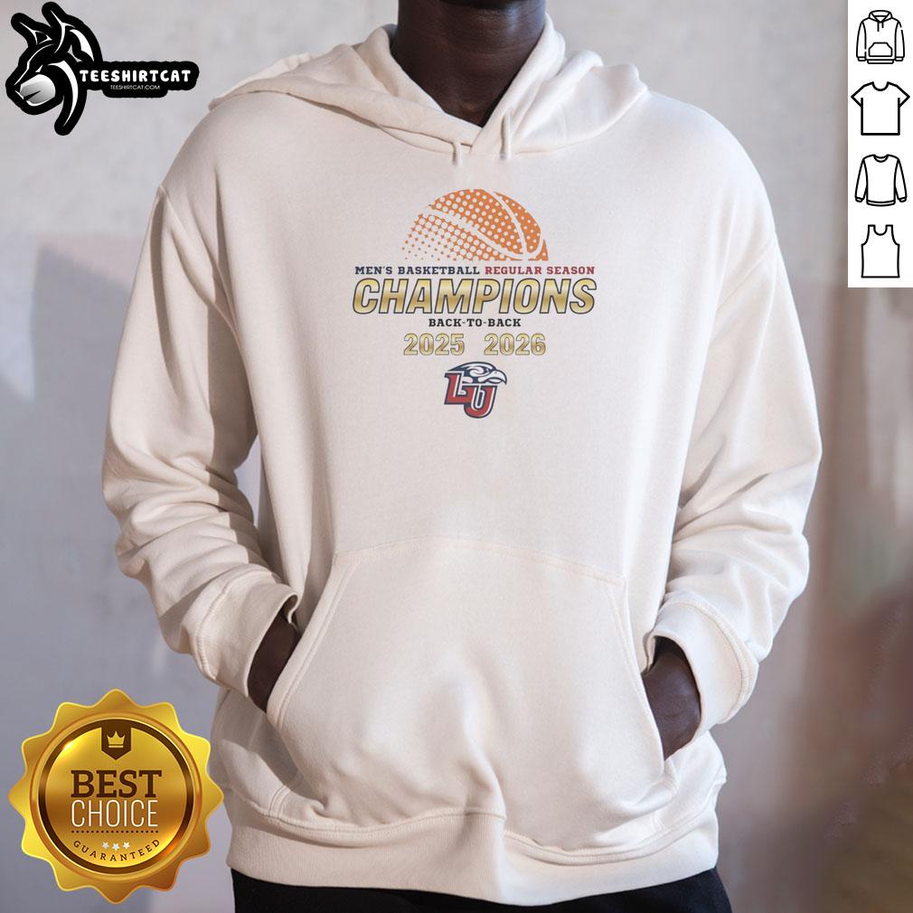 Alt Text: Liberty Flames Men's Basketball hoodie celebrating back-to-back regular season champions 2025-2026.