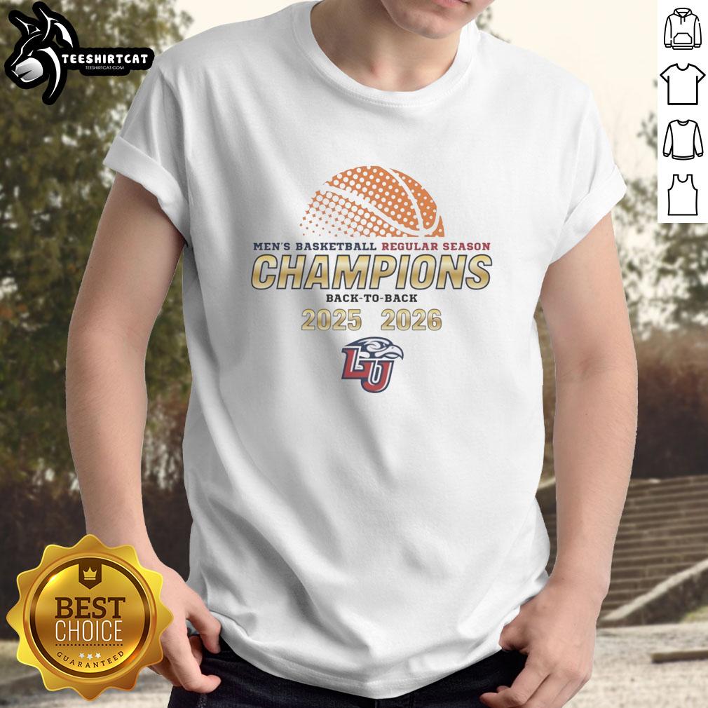 Official Liberty Flames Men's Basketball Champions T-Shirt celebrating back-to-back victories for 2025 and 2026 seasons.