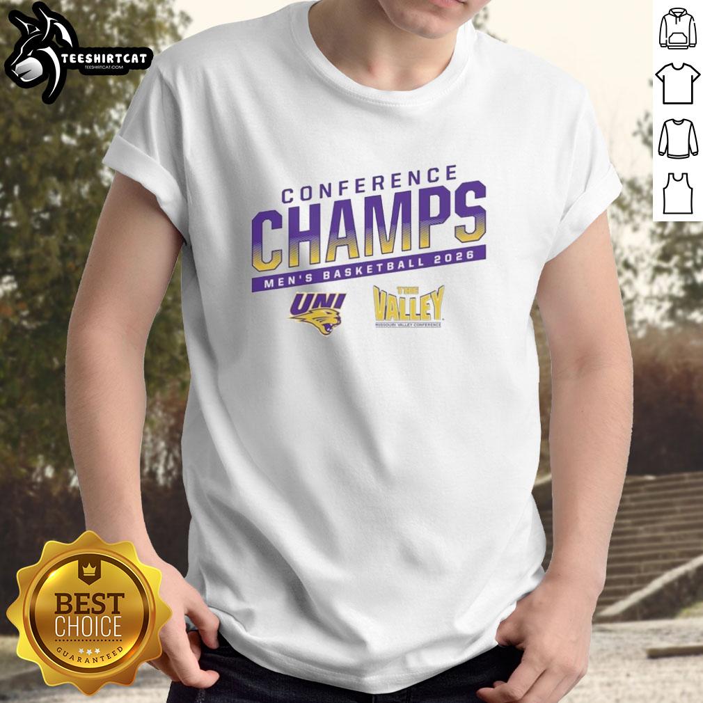 Alt Text: Official Uni Men's Basketball Conference Championship 2026 T-Shirt featuring team logo and bold graphics.