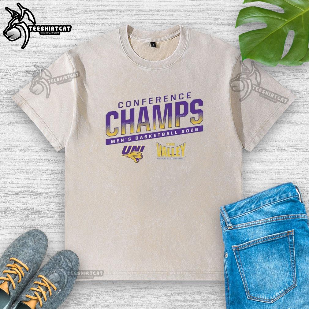 Alt Text: Official Uni Men's Basketball Conference Championship 2026 Washed T-Shirt in navy blue, featuring logo and stylish design.