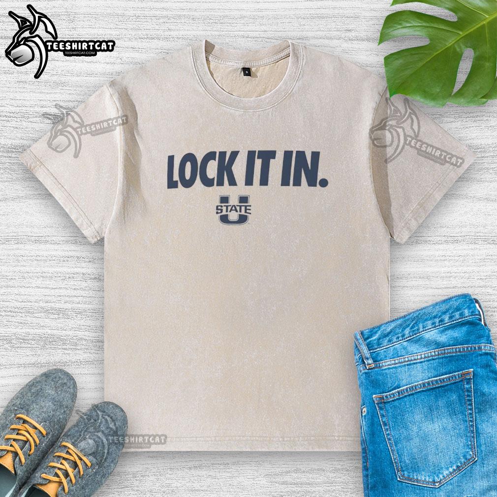 Official Utah State Aggies 2026 Lock It In Washed T-Shirt in navy blue, featuring the Aggies logo and vintage design.