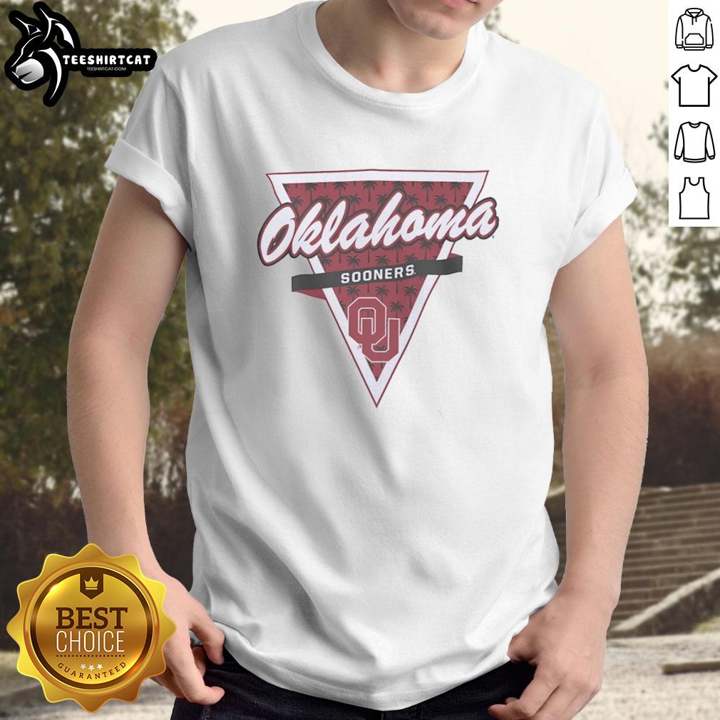 Alt Text: Oklahoma Sooners Basketball T-Shirt featuring triangle logo and palm tree pattern, perfect for fans and summer wear.