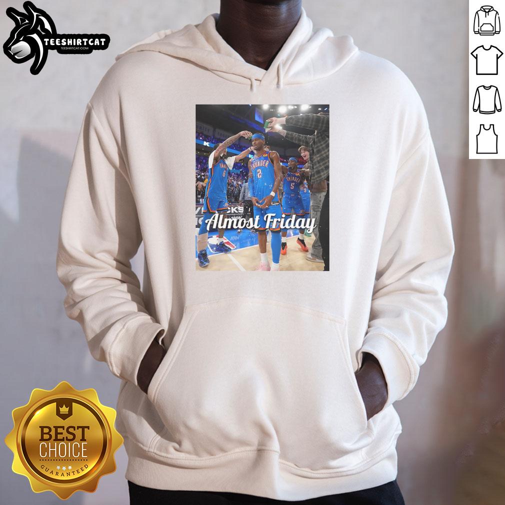 Shai Gilgeous-Alexander in Oklahoma City Thunder hoodie after game, promoting Almost Friday vibe and team spirit.