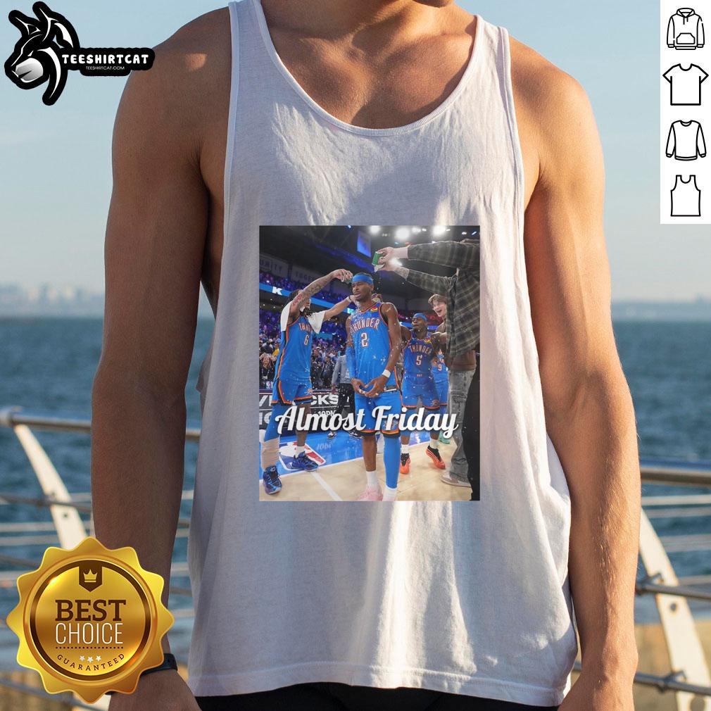 Shai Gilgeous-Alexander wearing an Oklahoma City Thunder tank top after a game, perfect for Almost Friday vibes.