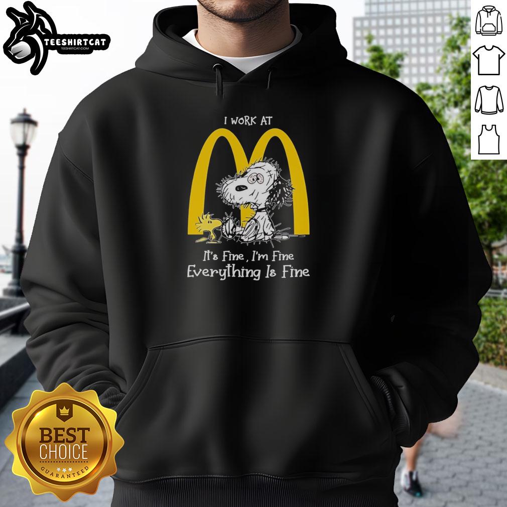 Alt Text: Original Snoopy and Woodstock McDonald's hoodie with 'It's Fine, I'm Fine, Everything Is Fine' graphic design.