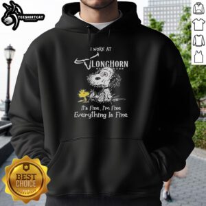 Original Snoopy and Woodstock Texas Longhorn hoodie with 'I work at, it's fine, I'm fine, everything is fine' design.