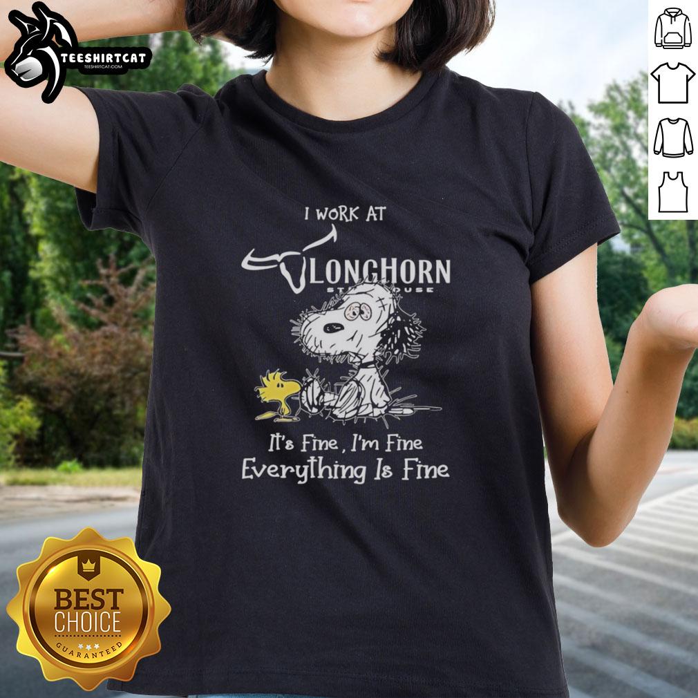 Original Snoopy and Woodstock Texas Longhorn tee featuring 'I Work At It's Fine I'm Fine Everything Is Fine' design.