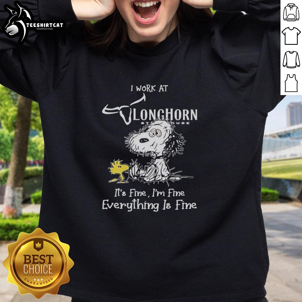 Alt Text: Original Snoopy and Woodstock Texas Longhorn sweatshirt featuring 'I Work At It's Fine I'm Fine Everything Is Fine' design.