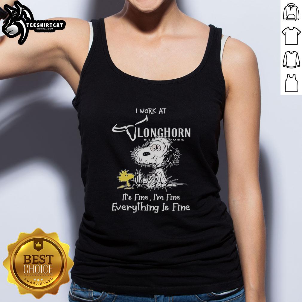 Alt Text: Snoopy and Woodstock graphic on a Texas Longhorn tank top with 'I Work At It's Fine I'm Fine Everything Is Fine' text.