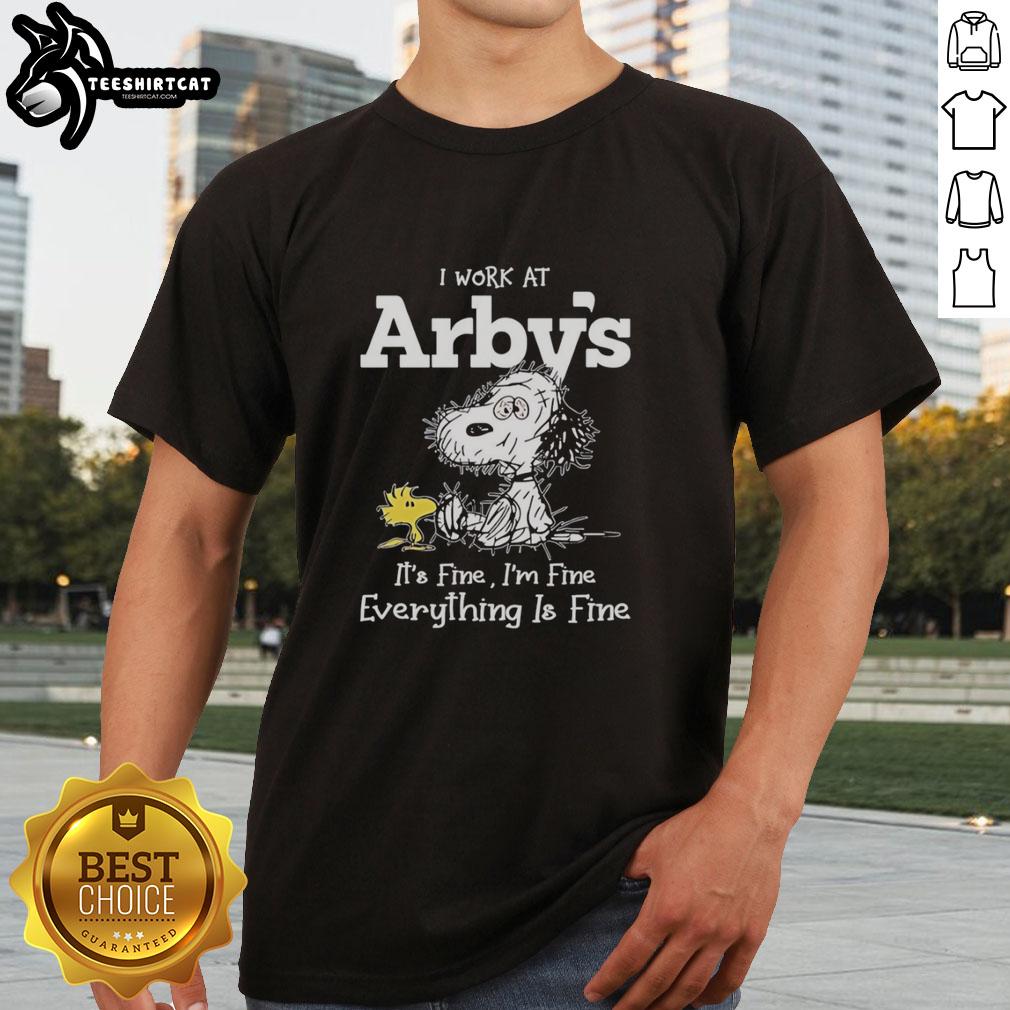 Alt Text: Original Snoopy and Woodstock X Arby's I Work At It's Fine I'm Fine Everything Is Fine T-Shirt design.