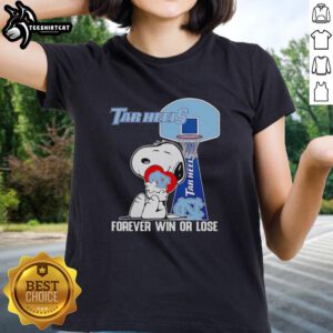 Alt Text: Original Snoopy holding a North Carolina Tar Heels heart, showcasing 'Forever Win or Lose' on a ladies tee.