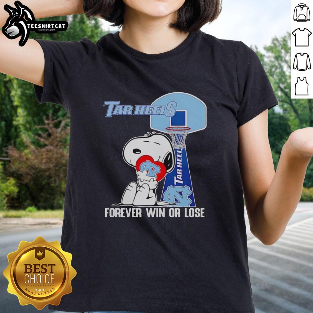 Alt Text: Original Snoopy holding a North Carolina Tar Heels heart, showcasing 'Forever Win or Lose' on a ladies tee.