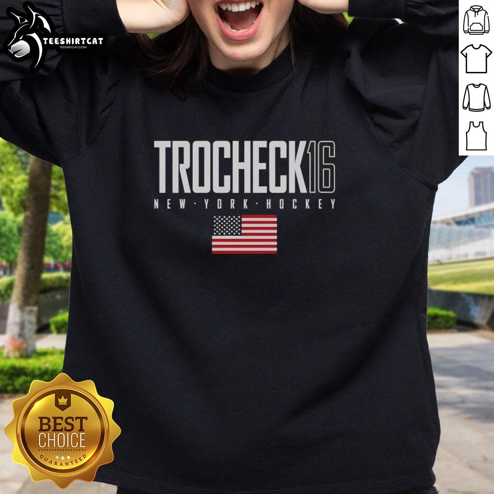 Alt Text: Original Vincent Trocheck 16 New York Rangers sweatshirt featuring USA flag design, perfect for fans and sports enthusiasts.