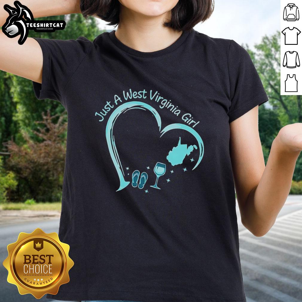 Stylized West Virginia girl tee featuring slippers and wine glass heart design, perfect for proud West Virginians.