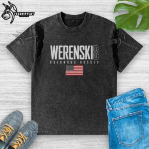 Alt Text: Original Zach Werenski Columbus 8 USA Flag Elite Washed T-Shirt featuring vibrant colors and a stylish design.