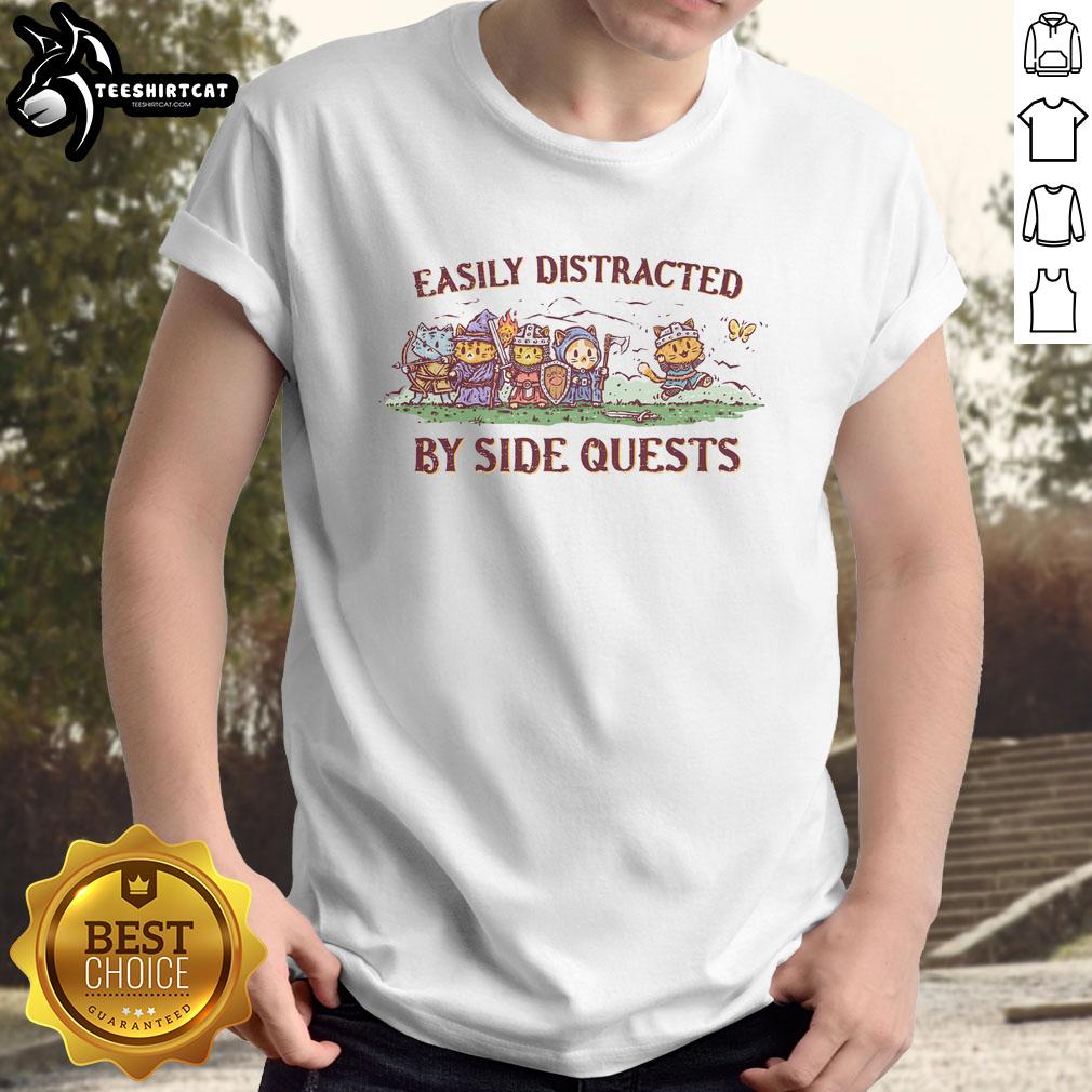 Alt Text: Premium Easily Distracted By Side Quests Cats T-Shirt featuring playful cat graphics and gaming-themed design.