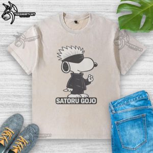 Alt Text: Premium Gojo Satoru Style Snoopy Washed T-Shirt featuring a unique design, perfect for anime and Snoopy fans.