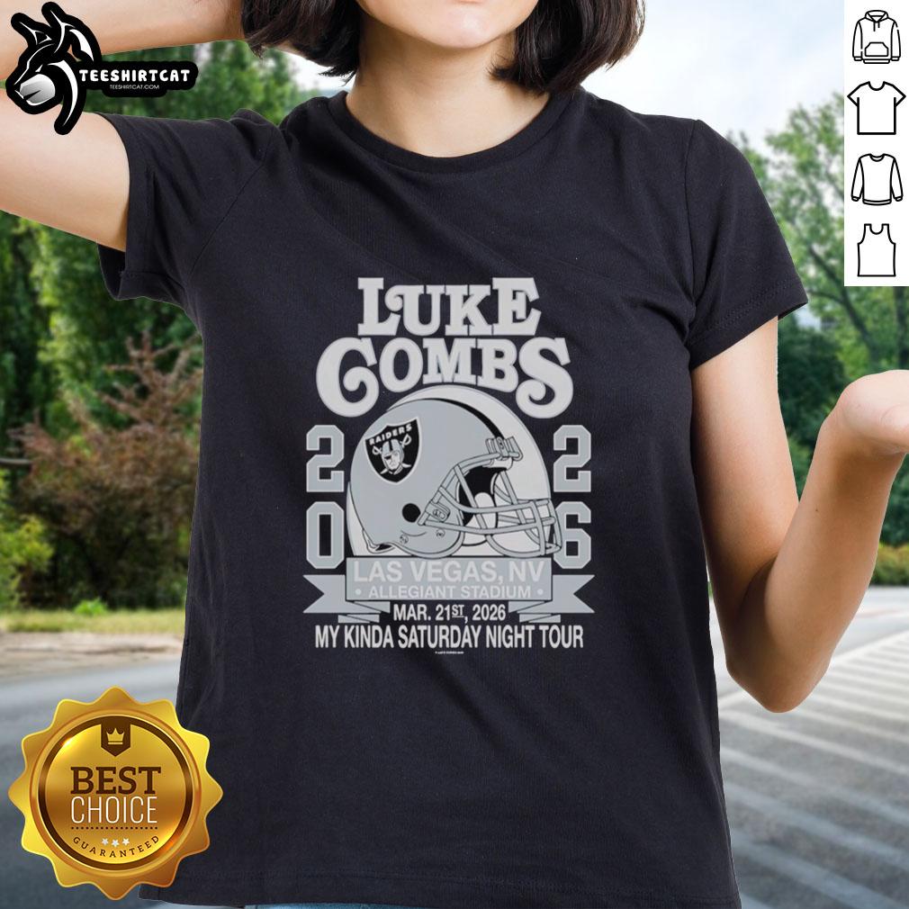 Premium Luke Combs Las Vegas 2026 Tour merch featuring a Raiders helmet ladies tee at Allegiant Stadium.