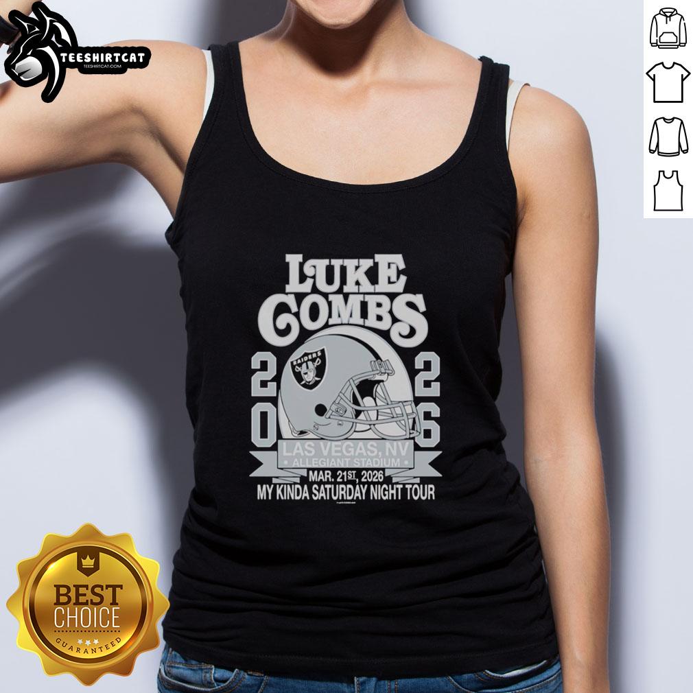Premium Luke Combs Las Vegas 2026 Tour merch featuring a Raiders helmet tank top at Allegiant Stadium.